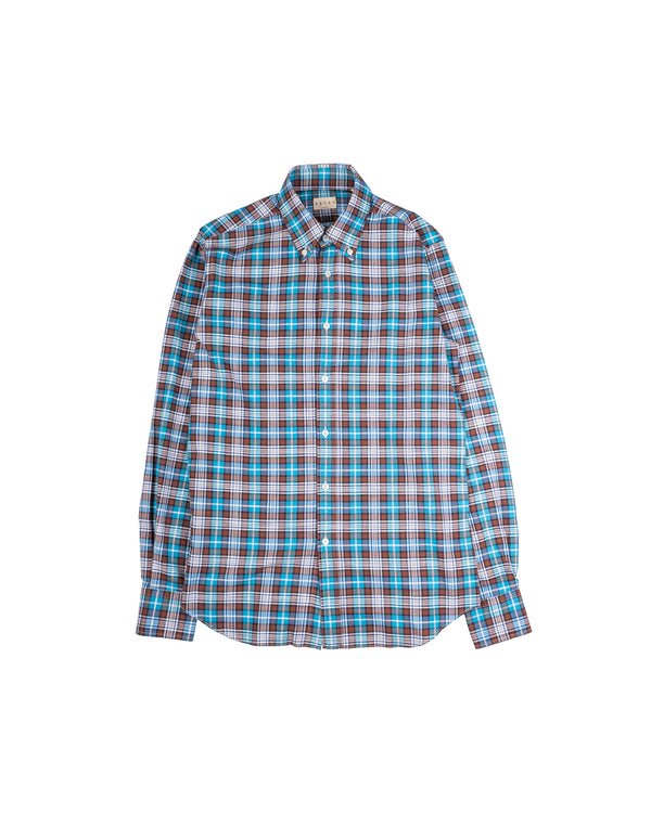 Teal & Brown Check Button Down