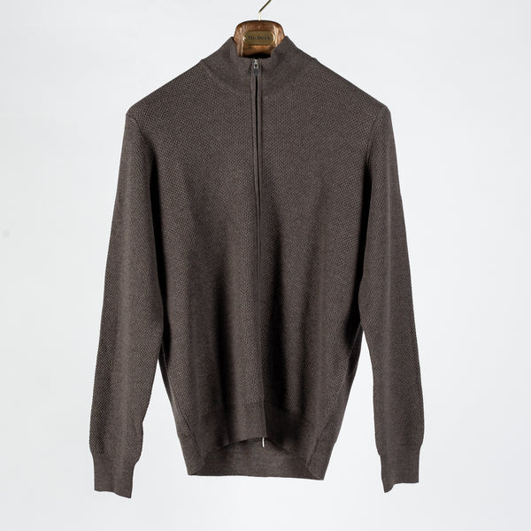 Brown Chainlink Stitch Full Zip Cardigan