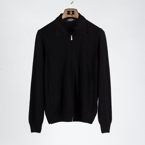 Black Felted Cashmere Knitted Zip Sweater