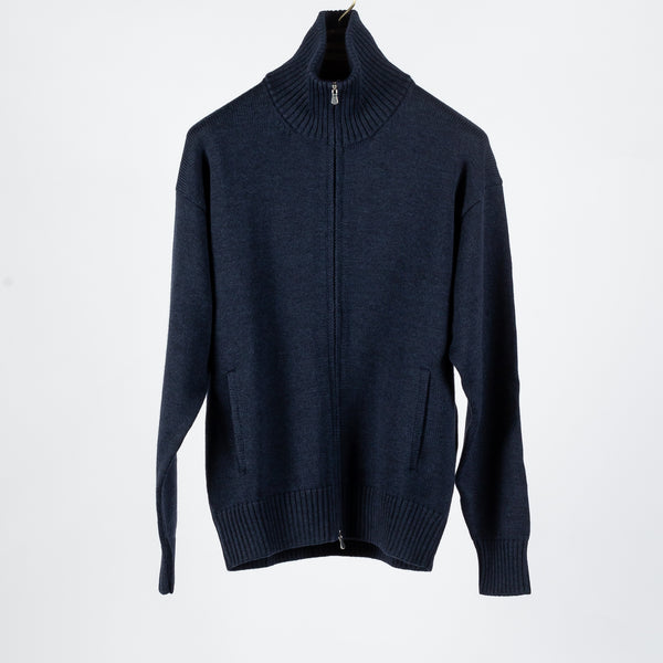 Blue 3-Ply Mock Neck Full Zip Sweater