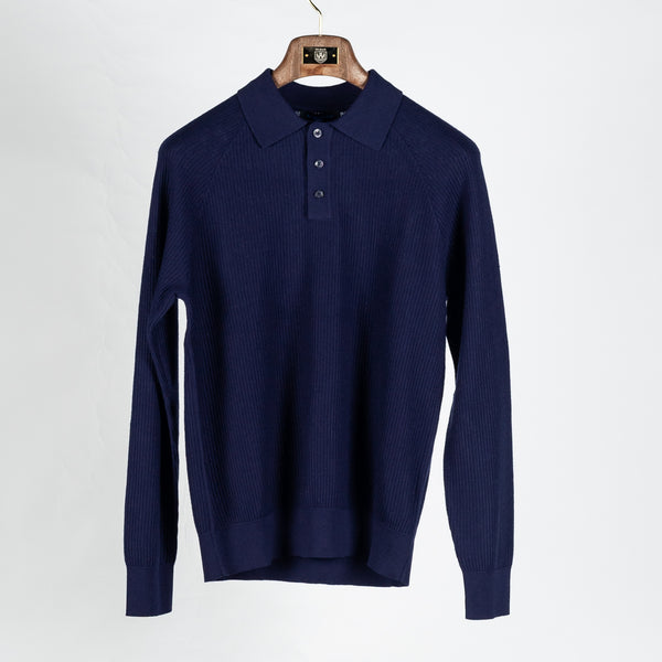 Navy Ribbed Long Sleeve Polo