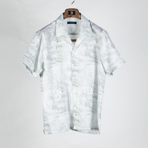 Light Green Botanical Print Linen Camp Collar Shirt