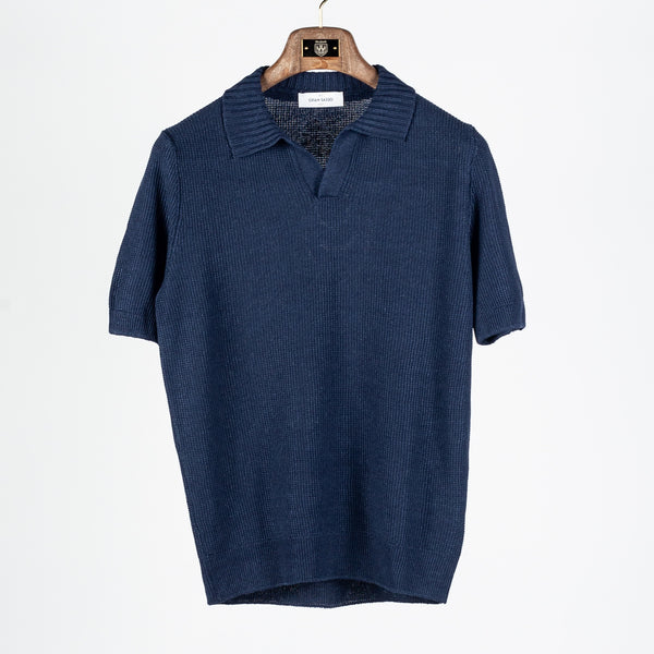 Textured Navy Rice Stitch Knit Skipper Polo