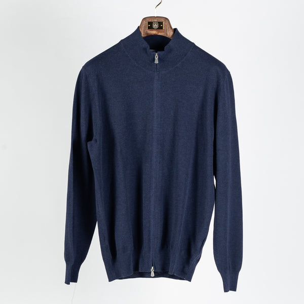 Navy Cotton Micro-Pique Zip Sweater