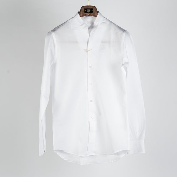 White Mandarin Collar Cotton-Linen Shirt