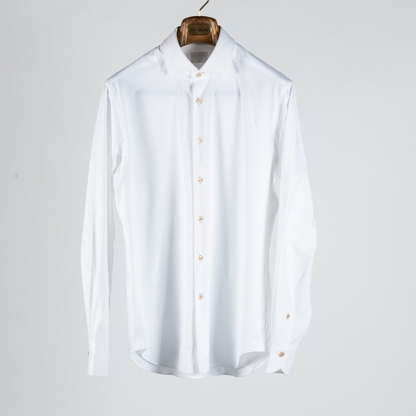 White Active Dress Shirt W/ Contrast Tan Buttons