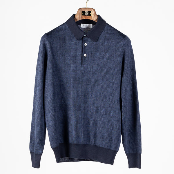 Navy 57108 Prince of Wales Long Sleeve Knit Polo