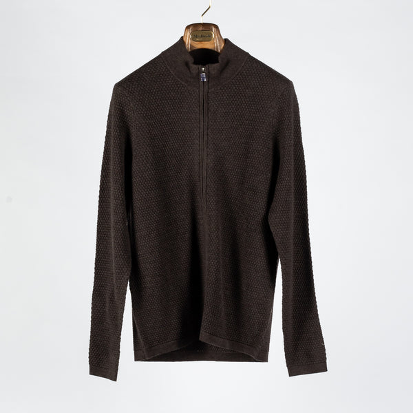 Brown Wool Bubble Stitch Full Zip Cardigan