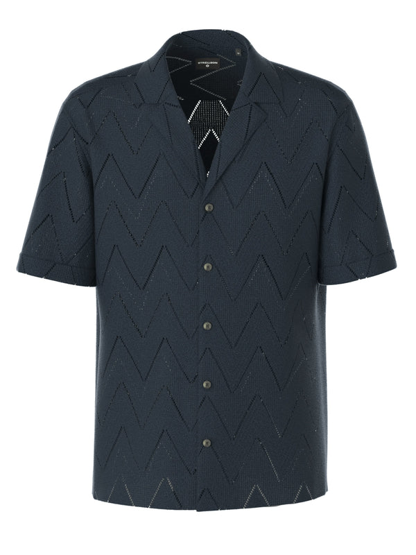 Navy Knit Button Up Camp Collar Shirt