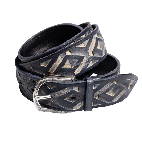 Blue Carved Leather Belt