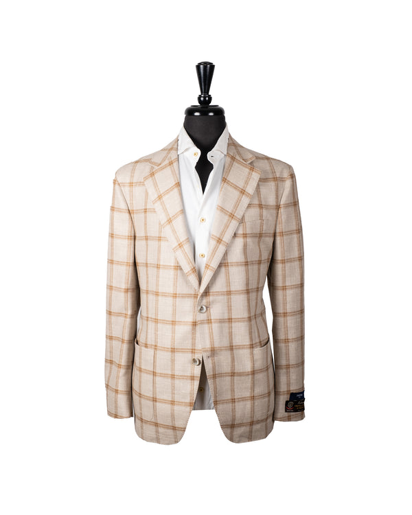 Beige Windowpane Wool Silk Linen Blazer