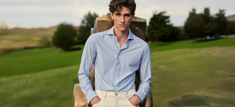 Xacus Active stretch jersey dress shirt in blue and white stripe, Xacus campaign photograph