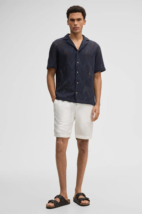 Strellson Navy Knit Button Up Camp Collar Shirt - Cotton, Denim, Polyester, Regular Fit, Textured - View 5