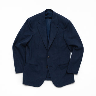 J Mueser Slate Blue High Twist Wool Waverly Suit, jacket flat-lay, front buttoned