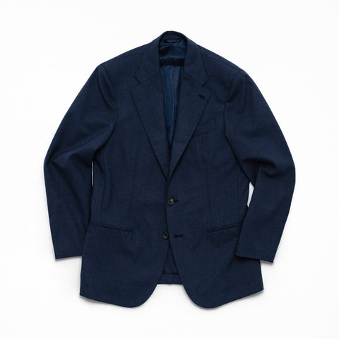 J Mueser Slate Blue High Twist Wool Waverly Suit, jacket flat-lay, front buttoned