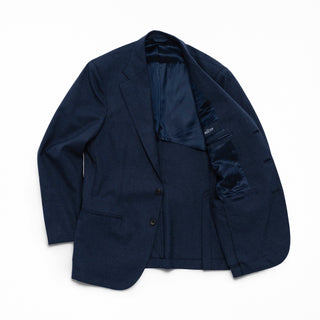 J Mueser Slate Blue High Twist Wool Waverly Suit, jacket flat-lay, open front showing lining