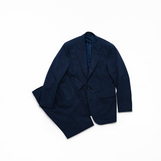 J Mueser Slate Blue High Twist Wool Waverly Suit, full suit flat-lay, jacket and trousers
