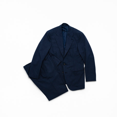 J Mueser Slate Blue High Twist Wool Waverly Suit, full suit flat-lay, jacket and trousers