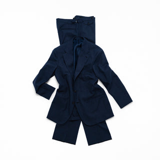 J Mueser Slate Blue High Twist Wool Waverly Suit, full suit flat-lay, styled