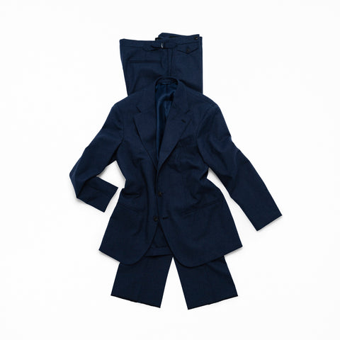 J Mueser Slate Blue High Twist Wool Waverly Suit, full suit flat-lay, styled