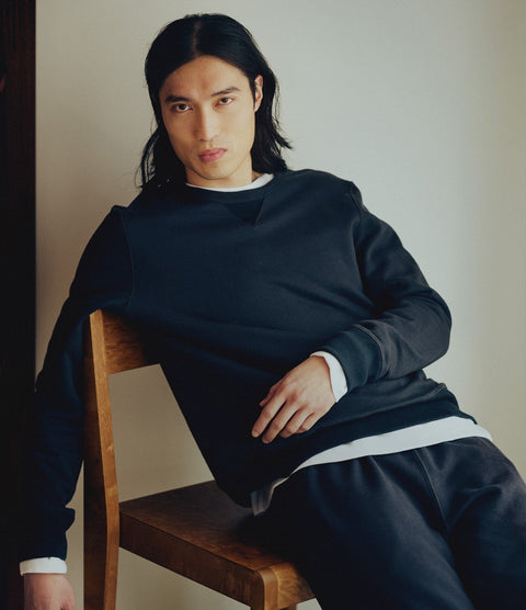 Merz b. Schwanen Charcoal 3M46 Mid-Century Fleece Sweatshirt, styled look.