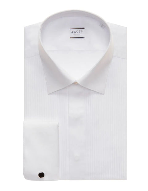 Xacus White Poplin Cotton Pleated Tuxedo Dress Shirt 1