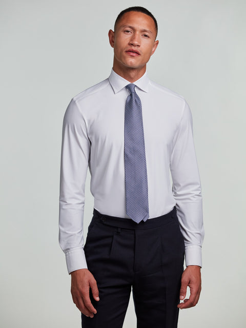 Stenstroms White Jersey Stretch Shirt front placket detail with mother-of-pearl buttons