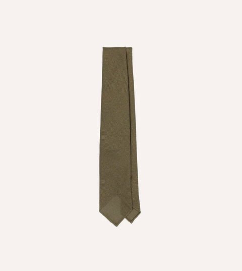 Drake's Khaki Green Fine Woven Grenadine Silk Hand Rolled Tie 1