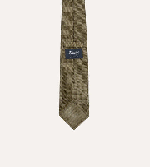 Drake's Khaki Green Fine Woven Grenadine Silk Hand Rolled Tie 4