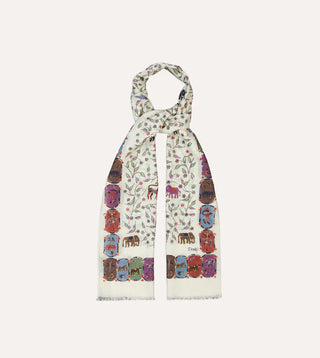 Drake's Ecru Elephants and Flowers Print Wool-Silk Scarf 4
