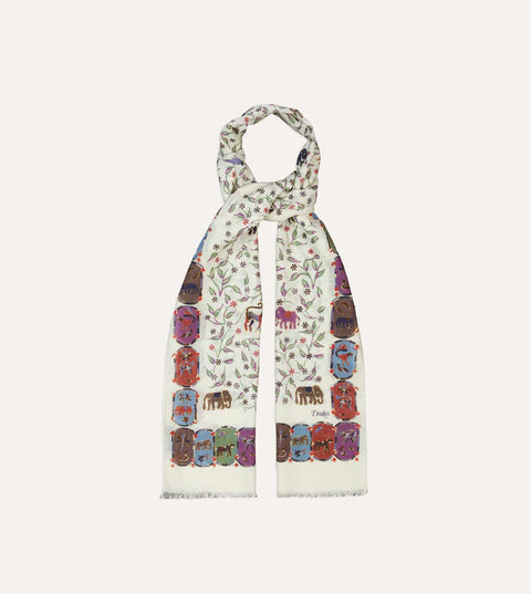 Drake's Ecru Elephants and Flowers Print Wool-Silk Scarf 4