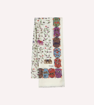 Drake's Ecru Elephants and Flowers Print Wool-Silk Scarf 1