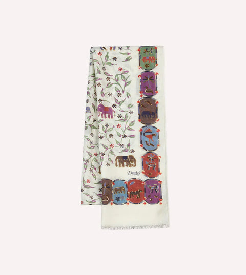 Drake's Ecru Elephants and Flowers Print Wool-Silk Scarf 1