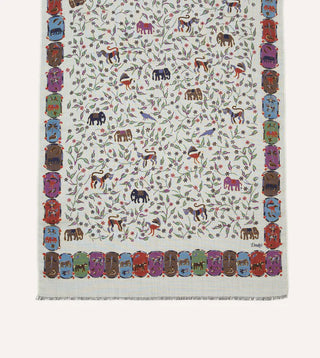 Drake's Ecru Elephants and Flowers Print Wool-Silk Scarf 3