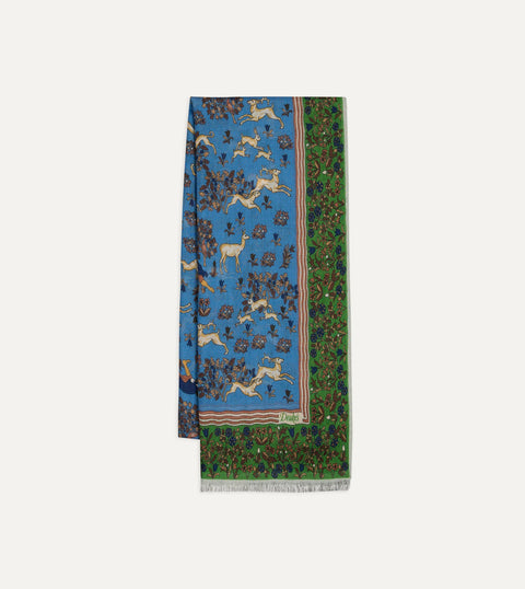 Drake's Blue & Olive Archival Animals Scarf — front flat lay
