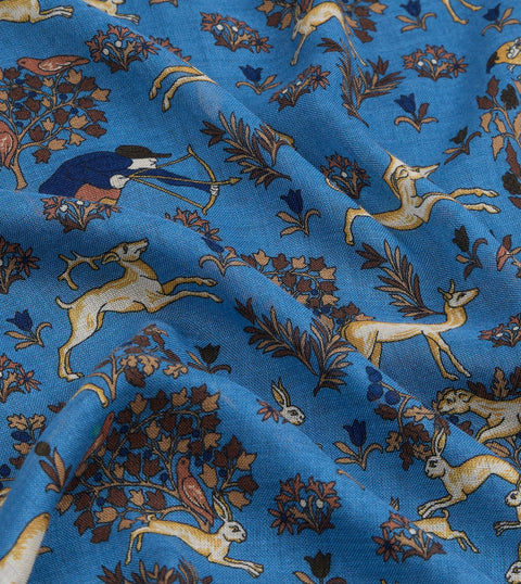 Drake's Blue & Olive Archival Animals Scarf — reverse flat lay