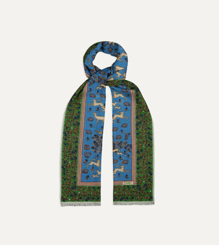 Drake's Blue & Olive Archival Animals Scarf — pattern detail