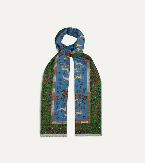 Drake's Blue & Olive Archival Animals Scarf — pattern detail