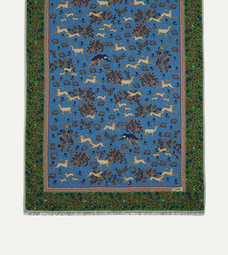 Drake's Blue & Olive Archival Animals Scarf — fringe and edge detail