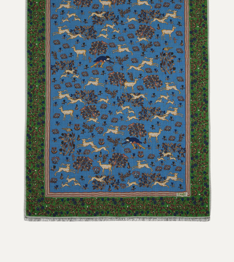 Drake's Blue & Olive Archival Animals Scarf — fringe and edge detail