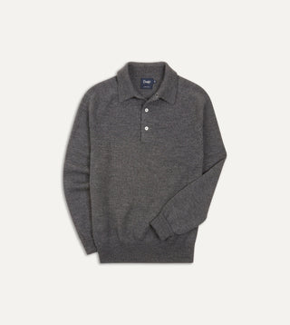 Drake's Grey Long Sleeve Merino Knit Polo — front