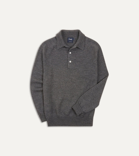 Drake's Grey Long Sleeve Merino Knit Polo — front