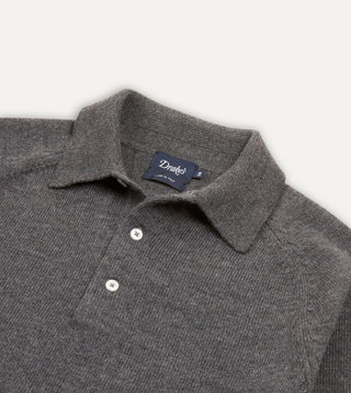 Drake's Grey Long Sleeve Merino Knit Polo — placket detail