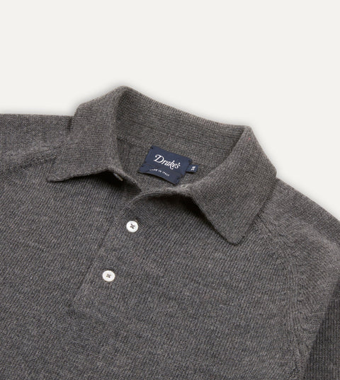 Drake's Grey Long Sleeve Merino Knit Polo — placket detail
