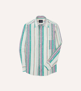 Drake's Ecru, Purple and Green Stripe Linen-Cotton Long Point Collar Shirt 1