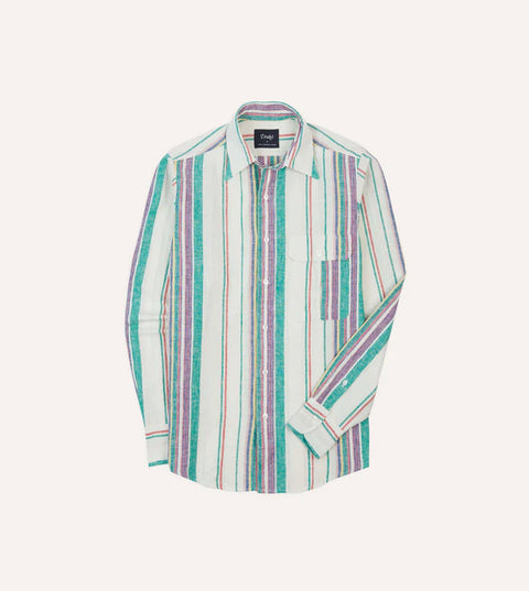 Drake's Ecru, Purple and Green Stripe Linen-Cotton Long Point Collar Shirt 1