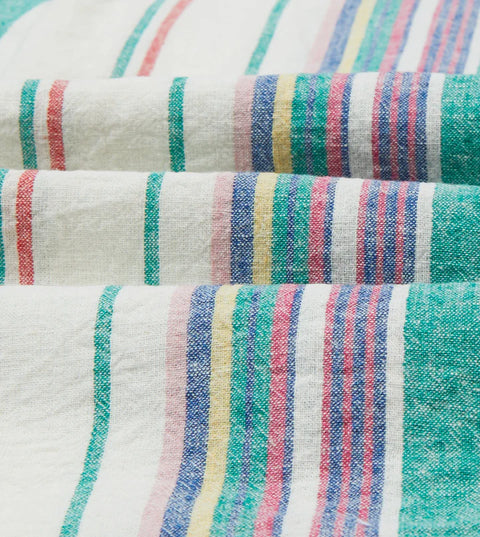 Drake's Ecru, Purple and Green Stripe Linen-Cotton Long Point Collar Shirt 2