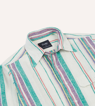 Drake's Ecru, Purple and Green Stripe Linen-Cotton Long Point Collar Shirt 4