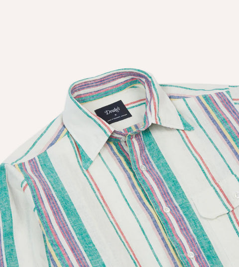 Drake's Ecru, Purple and Green Stripe Linen-Cotton Long Point Collar Shirt 4