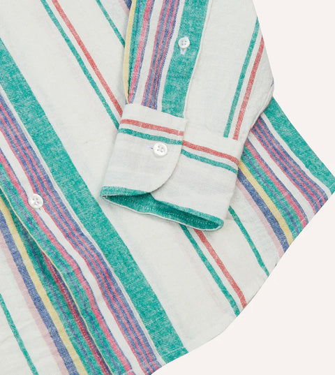 Drake's Ecru, Purple and Green Stripe Linen-Cotton Long Point Collar Shirt 5